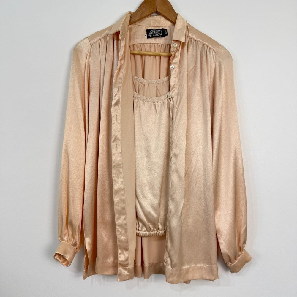 Vintage Ellen Tracy 3 Piece Set 7/8 Champagne Satin Blouse Tank Pants Disco Glam